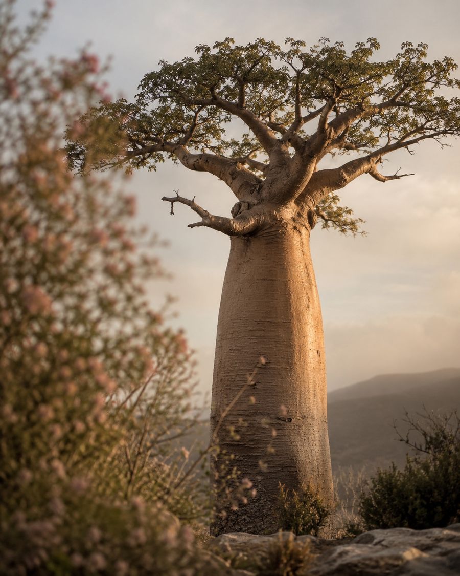 A baobab tree in late afternoon light, seen past flowering branches in the foreground.
