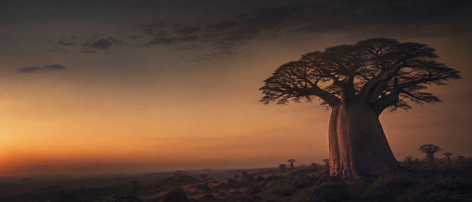 Baobab trees silhouetted against a deep orange dusk sky.