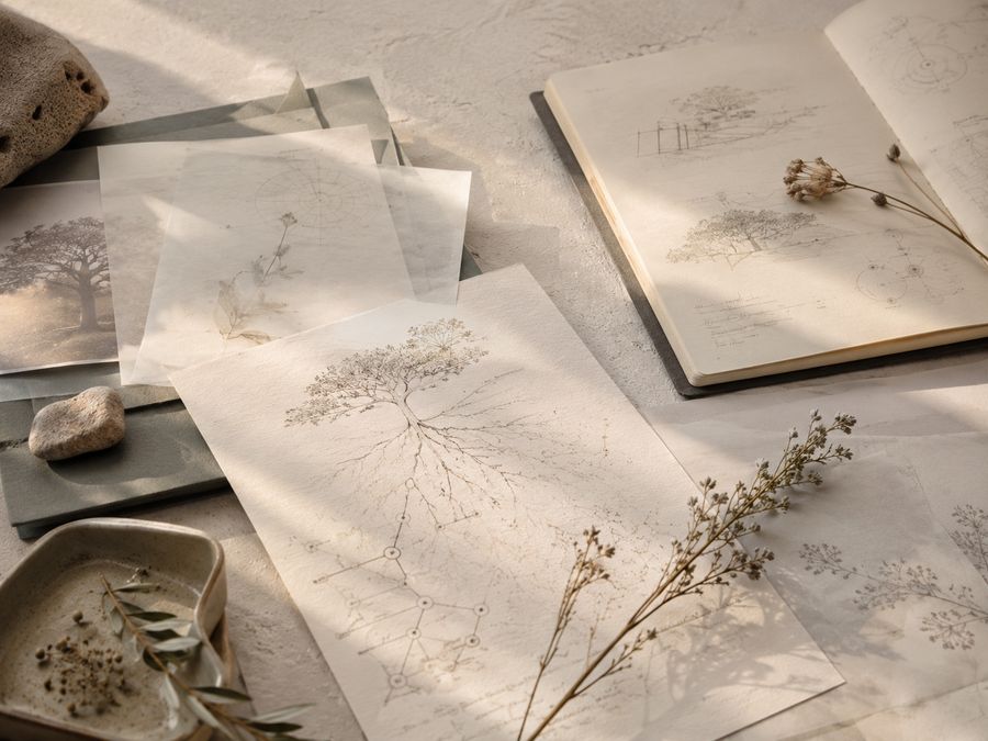 Studio table with printed studies of branching root systems and dried botanical specimens.