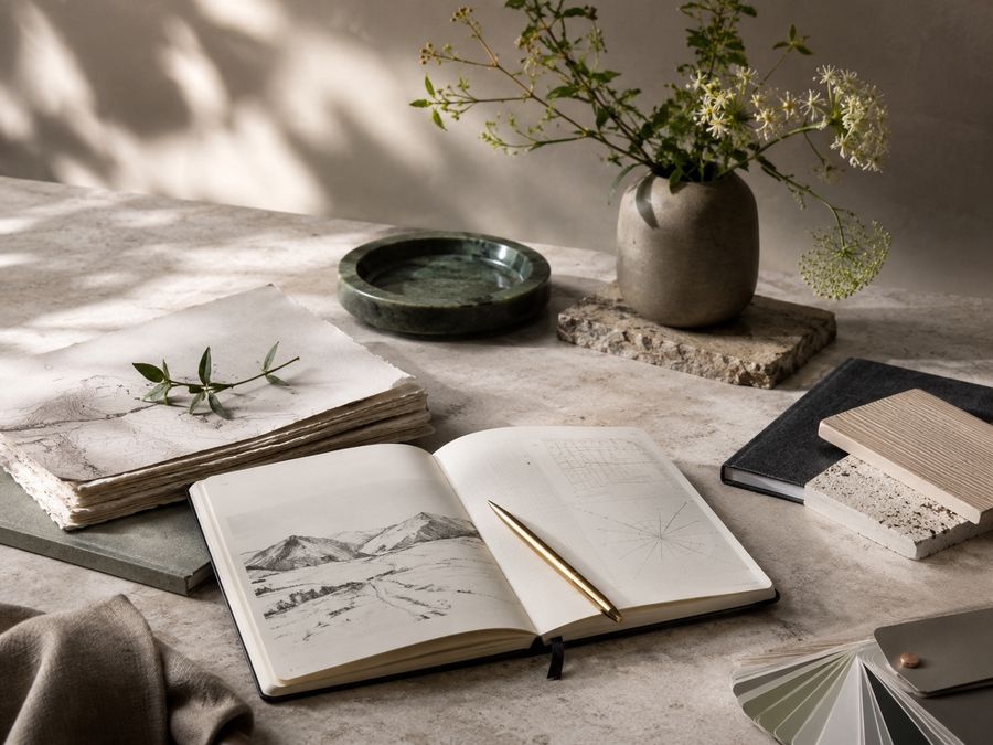 An open sketchbook and material samples on a stone table in daylight.